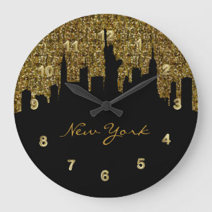 New York City Skyline   Golden Confetti Glitter Grote Klok