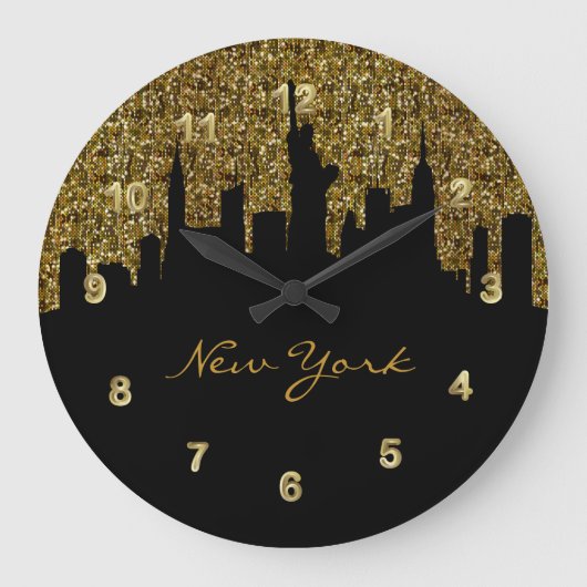 New York City Skyline | Golden Confetti Glitter Grote Klok (Voorkant)