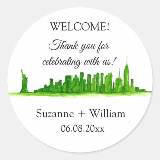 NEW YORK CITY skyline green Favors Weddings Ronde Sticker (Voorkant)