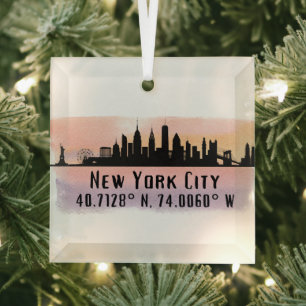New York City Skyline Latitude en Lengtegraad Glas Ornament