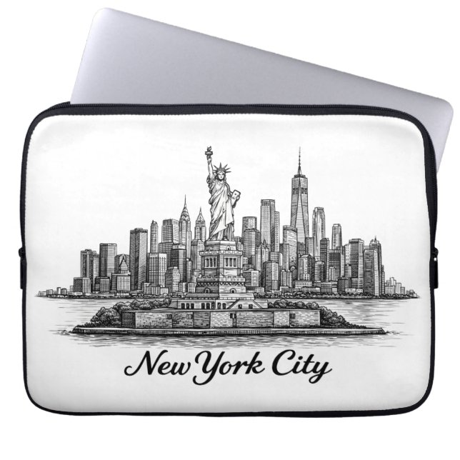 New York City Skyline Line Art Illustration Laptop Sleeve (Voorkant)
