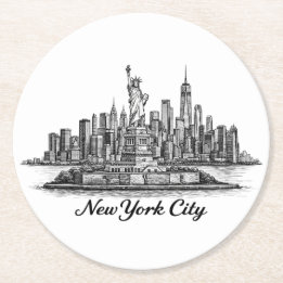 New York City Skyline Line Art Illustration Ronde Kartonnen Onderzetter