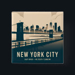New York City Skyline Minimalist Art Vintage River Vierkante Button 5,1 Cm<br><div class="desc">This vintage-inspired New York City poster captures the iconic Brooklyn Bridge and Manhattan skyline rising over the East River, blending timeless architecture with elegant design. Styled after classic WPA travel posters and art deco prints, it celebrates the spirit of the city with bold geometric shapes, minimalist lines, and a warm...</div>