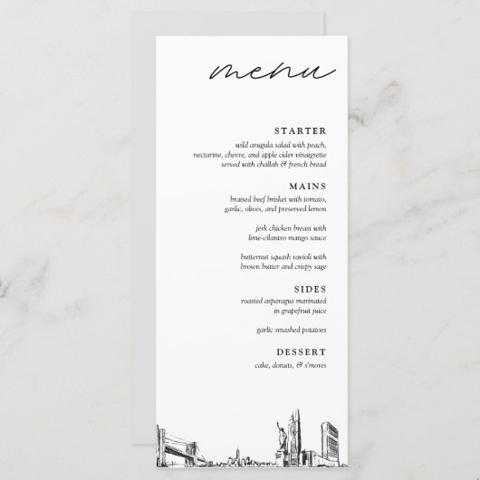 New York City Skyline Modern Huwelijksdiner Menu (Voorkant / Achterkant)