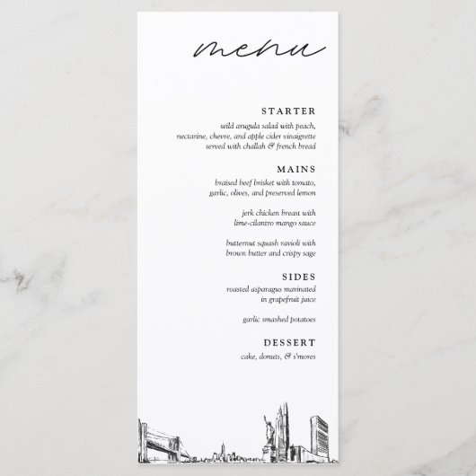 New York City Skyline Modern Huwelijksdiner Menu (Voorkant)
