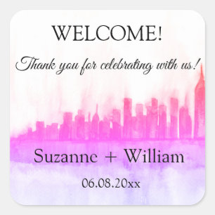 NEW YORK CITY skyline Pink Favors Weddings Square Vierkante Sticker