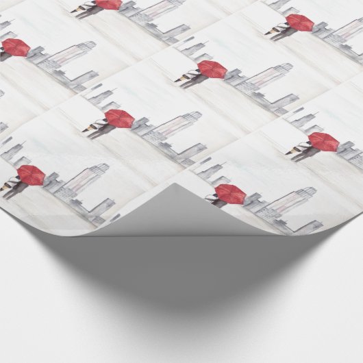 New York City skyline red umbrella love koppel Cadeaupapier (Hoek)