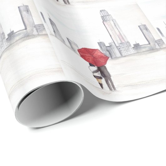 New York City skyline red umbrella love koppel Cadeaupapier (Rol Hoek)