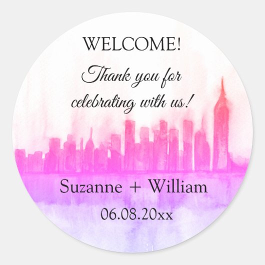 NEW YORK CITY skyline roze Favors Weddings Classic Ronde Sticker (Voorkant)
