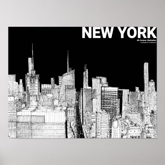 New York City Skyline Sketch Zwart Wit Mate Poster (Voorkant)