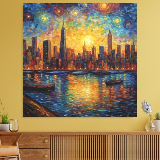 New York City Skyline van Gogh stijl Canvas Afdruk (Insitu (Woonkamer))