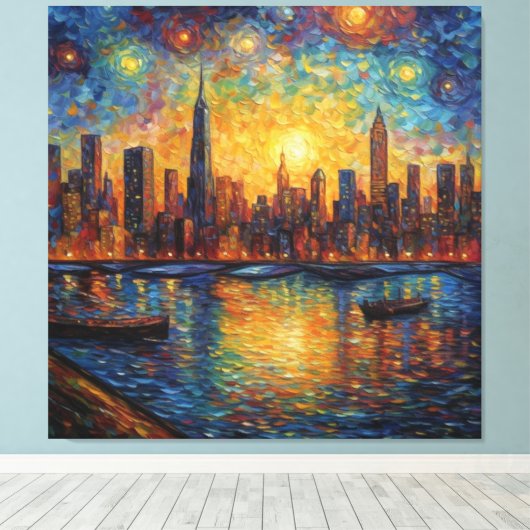 New York City Skyline van Gogh stijl Canvas Afdruk (Insitu (Houten vloer))