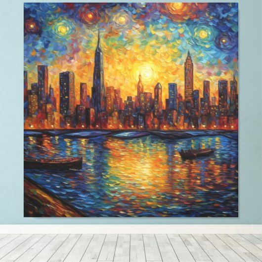 New York City Skyline van Gogh stijl Canvas Afdruk (Insitu (Houten vloer))