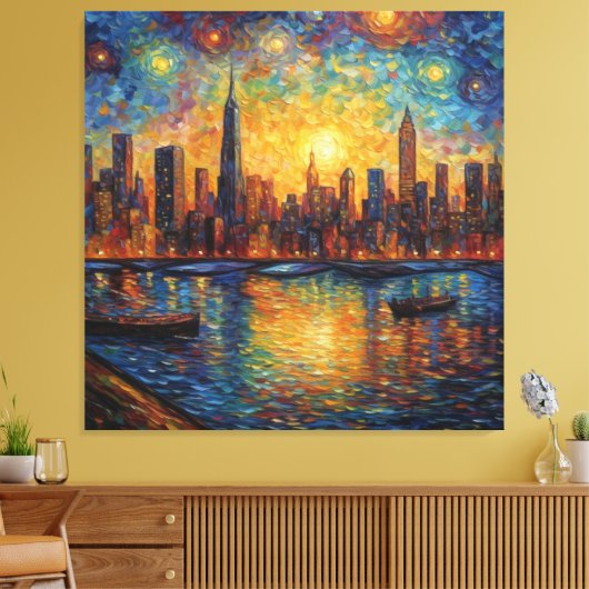 New York City Skyline van Gogh stijl Canvas Afdruk (Insitu (Woonkamer))