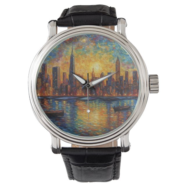 New York City Skyline van Gogh stijl Horloge (Voorkant)
