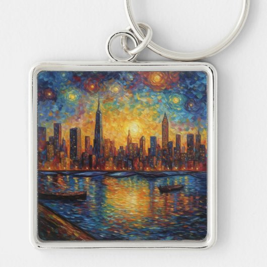 New York City Skyline van Gogh stijl Sleutelhanger (Voorkant)