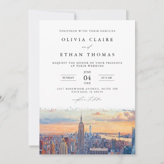 New York City Skyline Waterverf bruiloft Kaart (Voorkant)