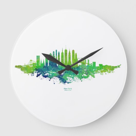 New York City Skyline Waterverf in blauw en limoen Grote Klok (Voorkant)