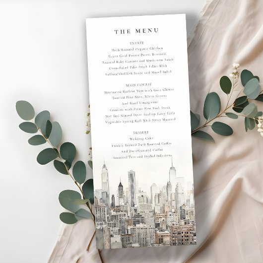 New York City Skyline Waterverf Wedding Menu Kaart