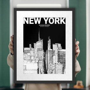 New York City Skyline Zwart Wit Tekening Mate Poster
