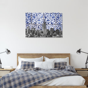 New York City Skyscrapers ontmoeten Portugese Tile Canvas Afdruk