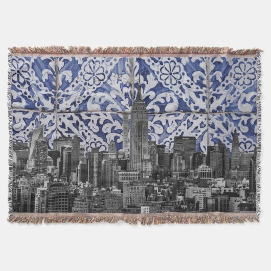 New York City Skyscrapers ontmoeten Portugese Tile Deken (Voorkant)