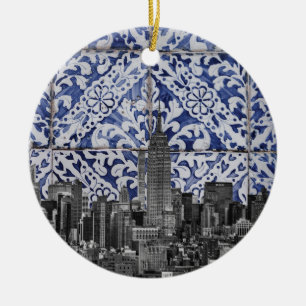 New York City Skyscrapers ontmoeten Portugese Tile Keramisch Ornament