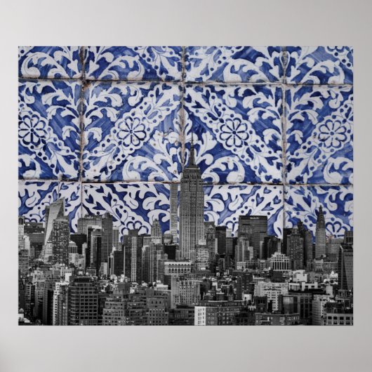 New York City Skyscrapers ontmoeten Portugese Tile Poster (Voorkant)