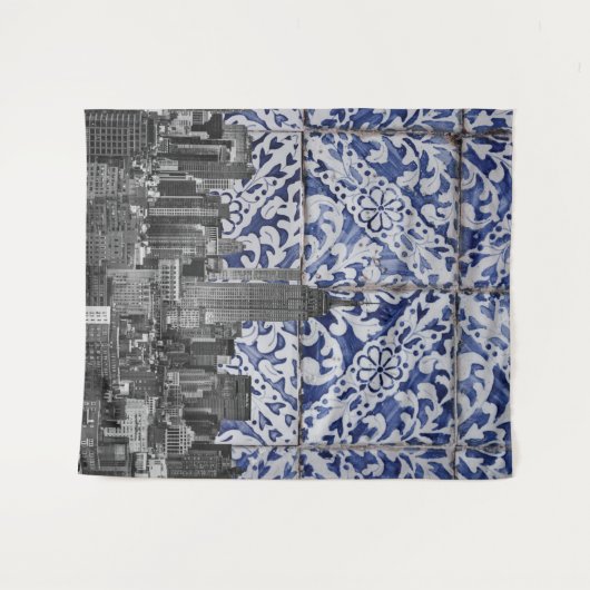 New York City Skyscrapers ontmoeten Portugese Tile Wandkleed (Voorkant (horizontaal))