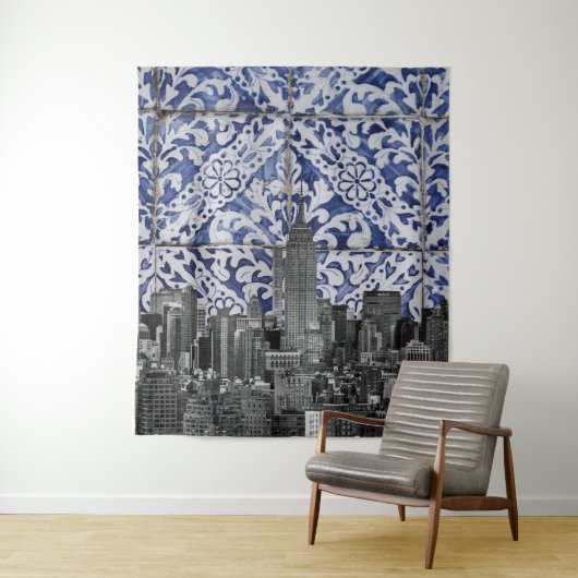 New York City Skyscrapers ontmoeten Portugese Tile Wandkleed (In situ)