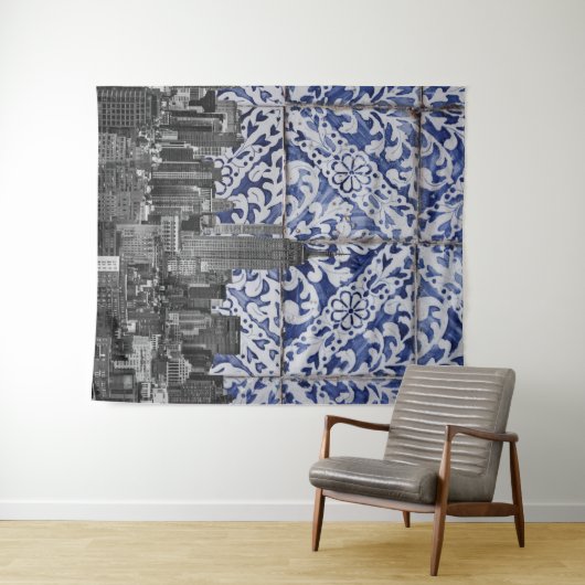 New York City Skyscrapers ontmoeten Portugese Tile Wandkleed (In Situ (horizontaal))