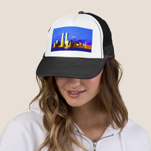 New York City Twin Towers Skyline Trucker Pet (In situ)