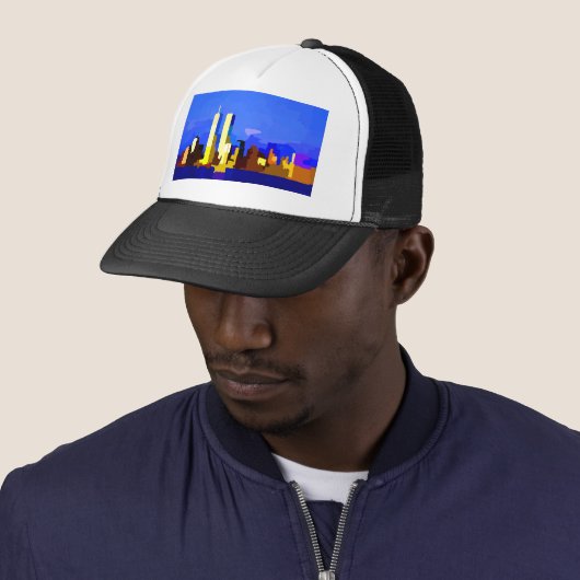 New York City Twin Towers Skyline Trucker Pet (In situ)