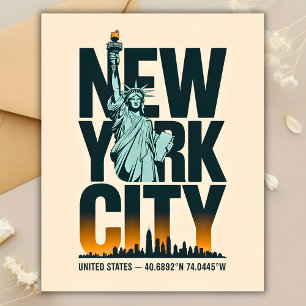 New York City Typografie Statue of Liberty Skyline Briefkaart