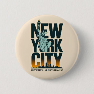 New York City Typografie Statue of Liberty Skyline Ronde Button 5,7 Cm