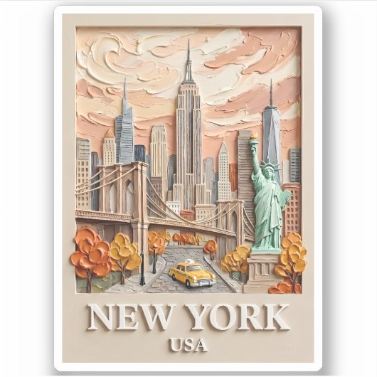 New York City Vintage 3D Textured Skyline Painting Sticker (Voorkant)