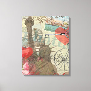 New York City Vintage Liberty Skyline Symboolkunst Canvas Afdruk