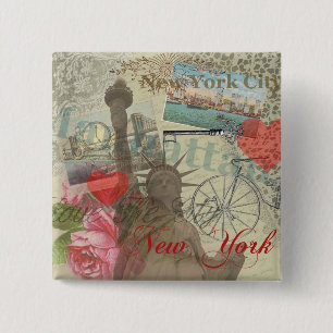 New York City Vintage Liberty Skyline Symboolkunst Vierkante Button 5,1 Cm
