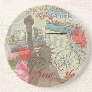 New York City Vintage Liberty Skyline Symboolkunst Zandsteen Onderzetter