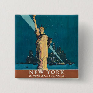 New York City Vintage Travel Liberty Skyline Vierkante Button 5,1 Cm