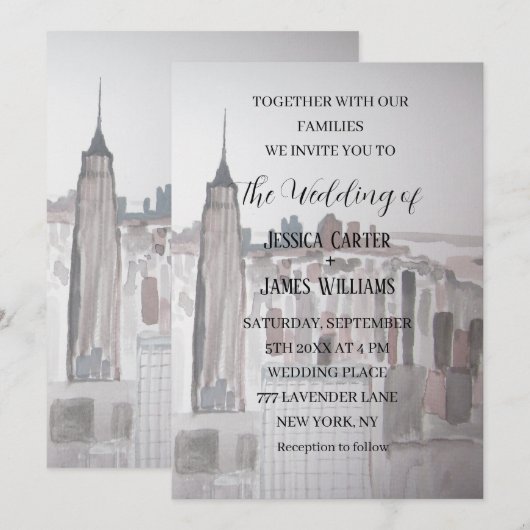 New York City Waterverf Bestemming Chique Bruiloft Kaart (Voorkant / Achterkant)