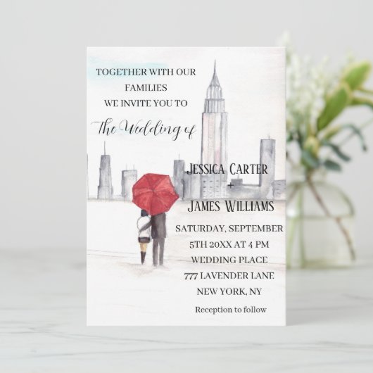 New York City Waterverf Bestemming Chique Bruiloft Kaart (Staand voorkant)