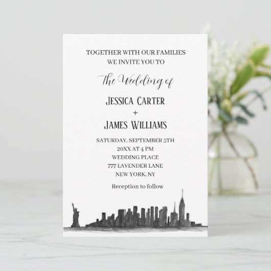 New York City Waterverf Bestemming Chique Bruiloft Kaart (Staand voorkant)