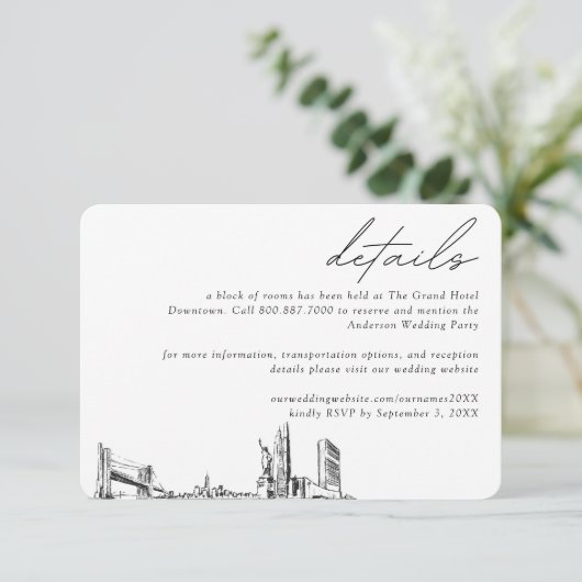 New York City Wedding Hotel Kamer Blok Details Informatiekaartje (Staand voorkant)