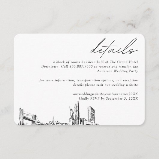 New York City Wedding Hotel Kamer Blok Details Informatiekaartje (Voorkant)