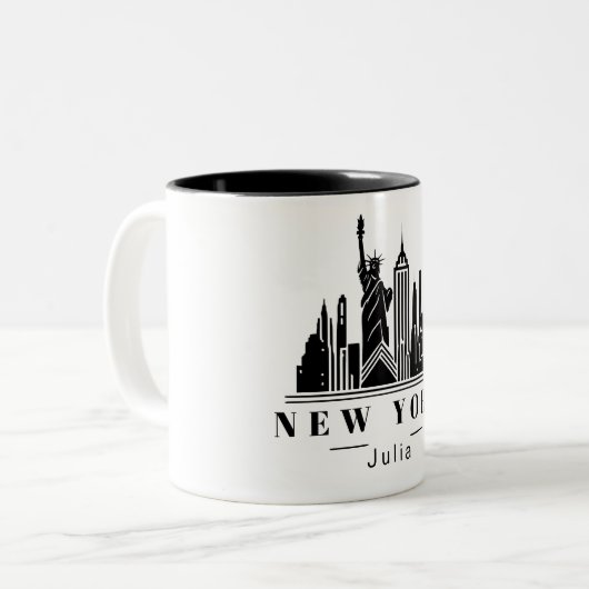 New York Cityscape Zwart Monochroom Logo Tweekleurige Koffiemok (Voorkant links)