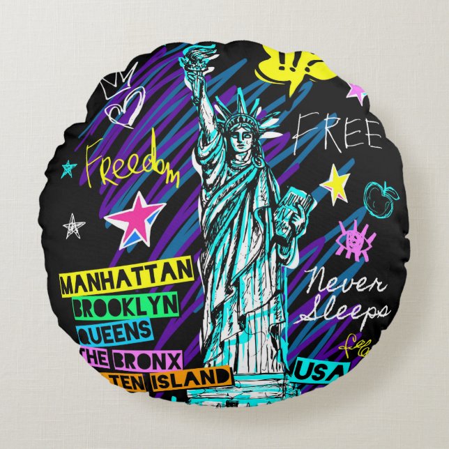New York Doodle Rond Kussen (Voorkant)