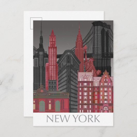 New York Elevations by Night - Red Briefkaart (Voorkant / Achterkant)