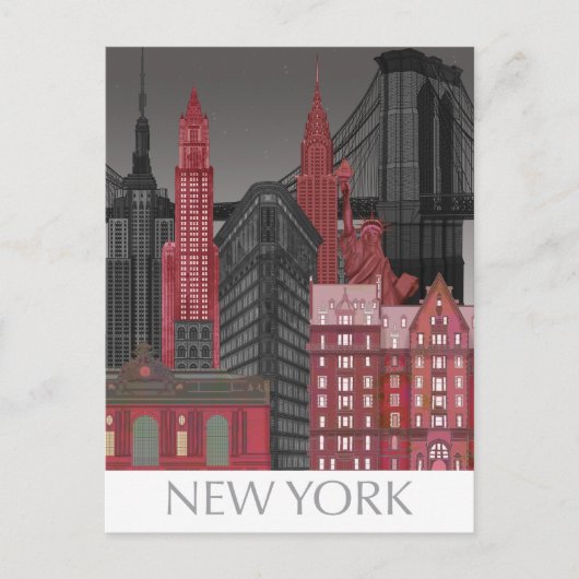 New York Elevations by Night - Red Briefkaart (Voorkant)