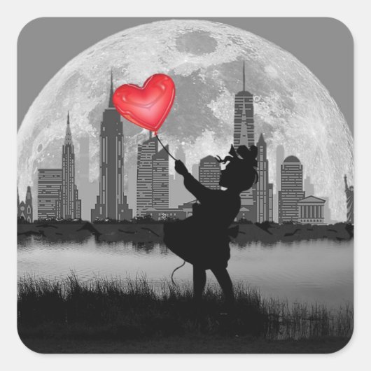 NEW YORK Full Moon Girl met Heart Ballon Sticker (Voorkant)